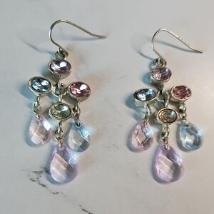 Silver-Tone Pink and Light Blue Teardrop Dangle Earrings